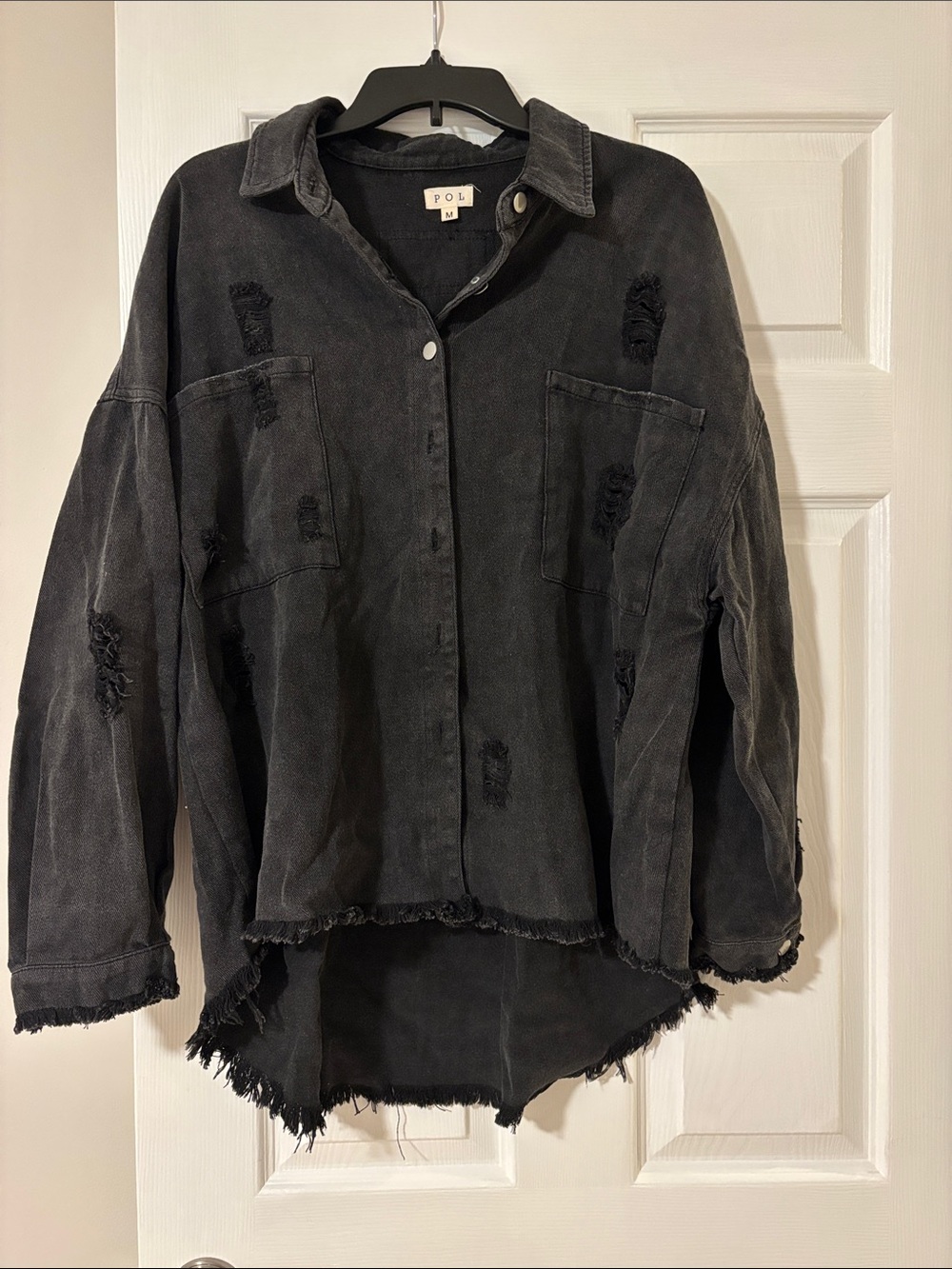POL Distressed Oversized Jean Jacket in Black